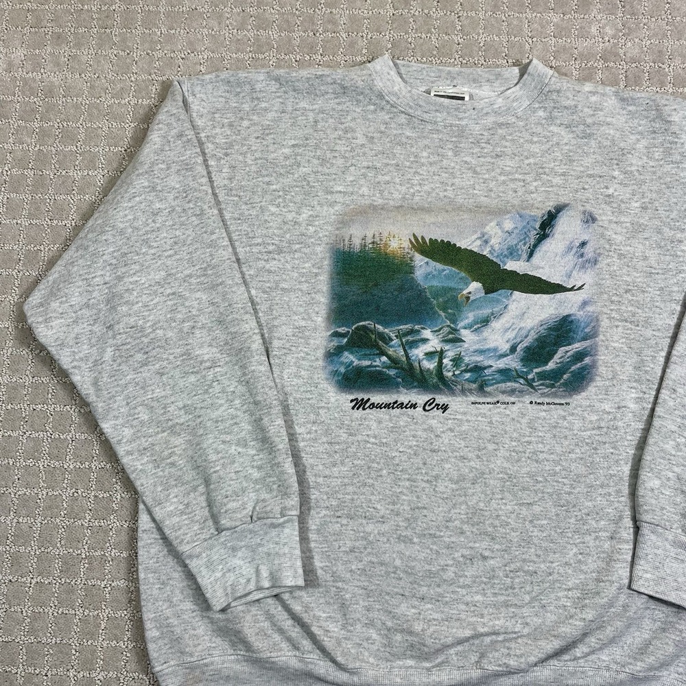 Vintage 1993‎ Bald Eagle Mountain Cry Sz Large Animal Bird Nature 90s Sweatshirt - Picture 3 of 6